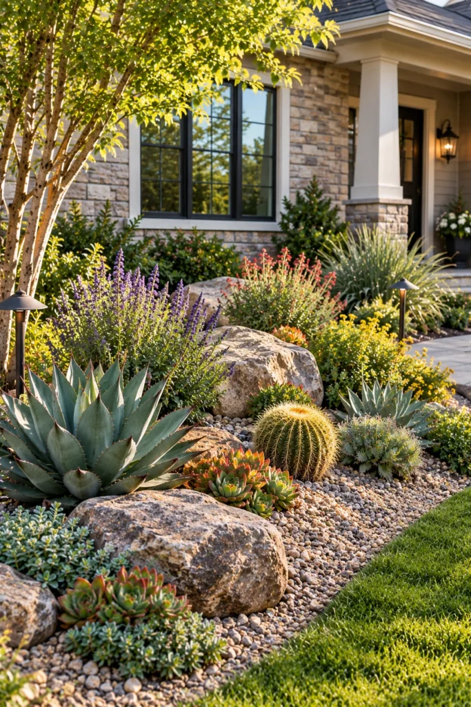 Rock garden bed with drought tolerant plants