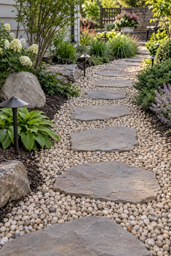 Stepping stone pathway surrounded by pea gravel