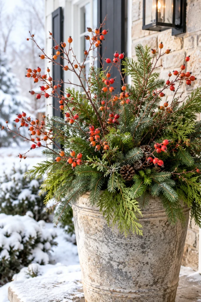 Rose hip branches mixed with evergreen sprigs in a garden container