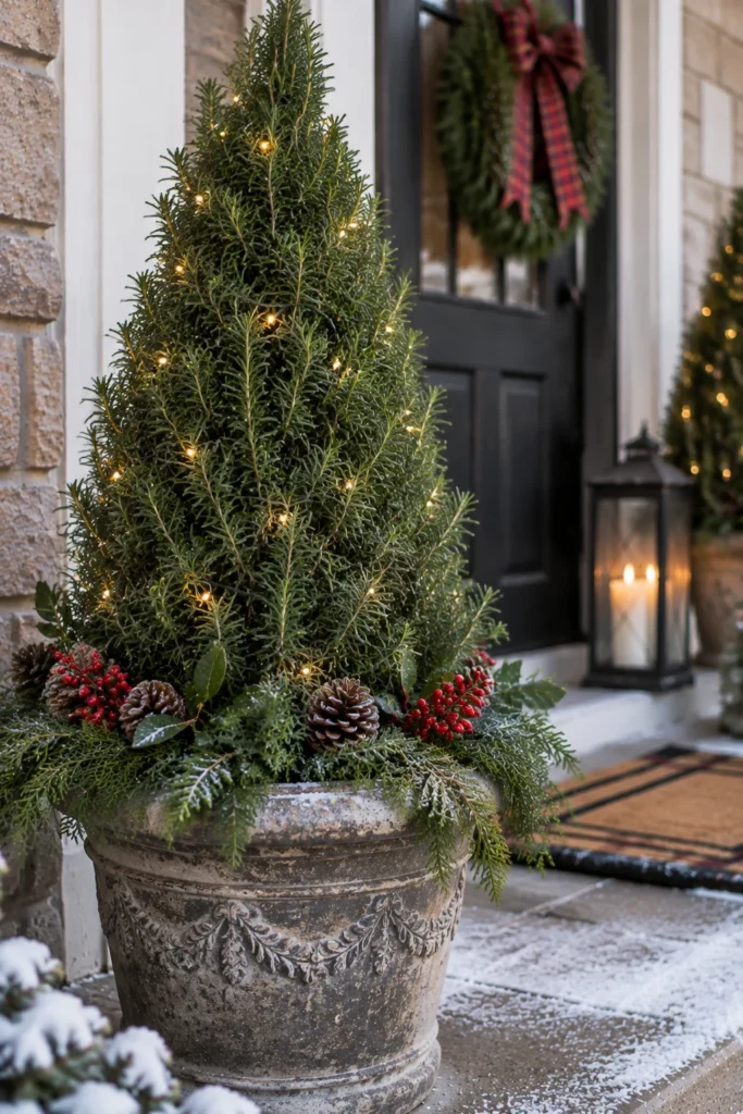 Rosemary topiary trimmed into a cone shape on a winter porch