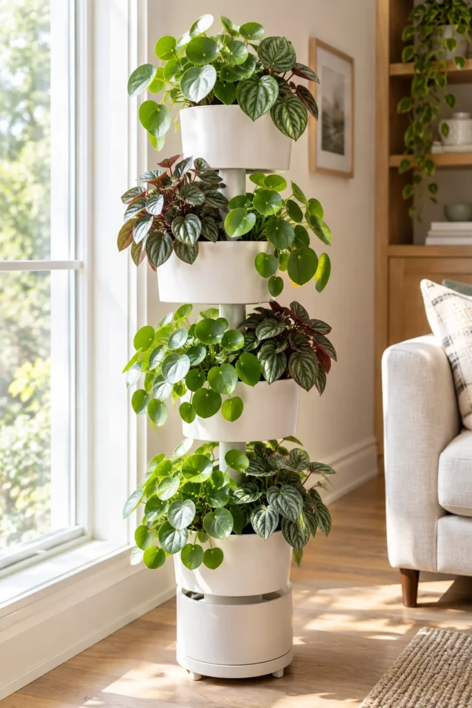 Rotating vertical planter column with peperomia and pilea plants beside a window