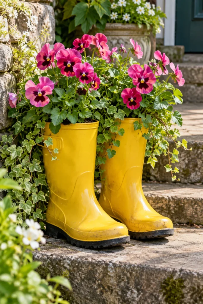 Pair of rubber rain boots used as planters filled with pink pansies