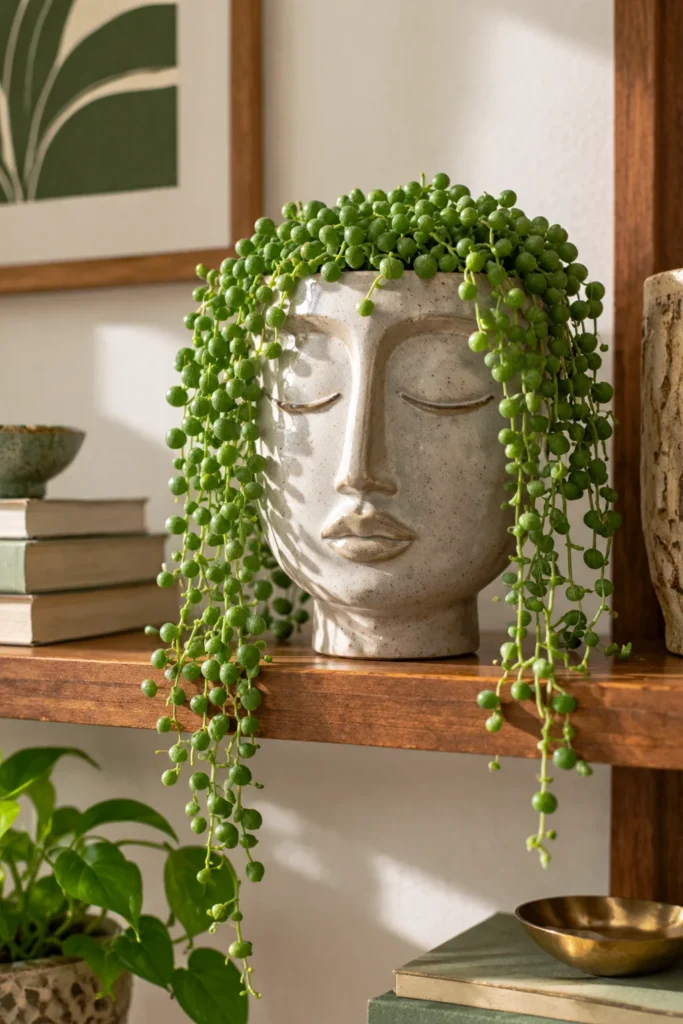 Sculptural face planter with string of pearls trailing like hair