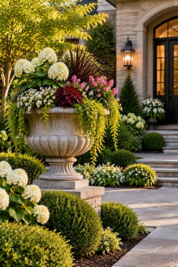 Large sculptural planter placed in a front yard
