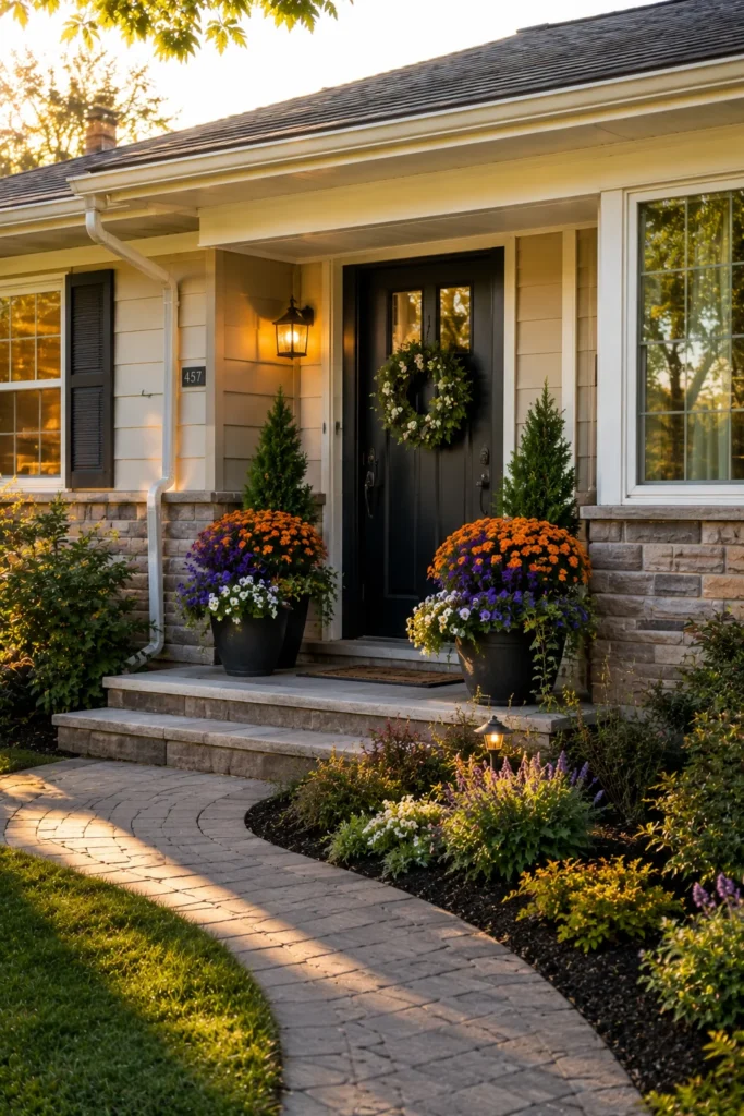 Seasonal flower containers near a ranch home front porch