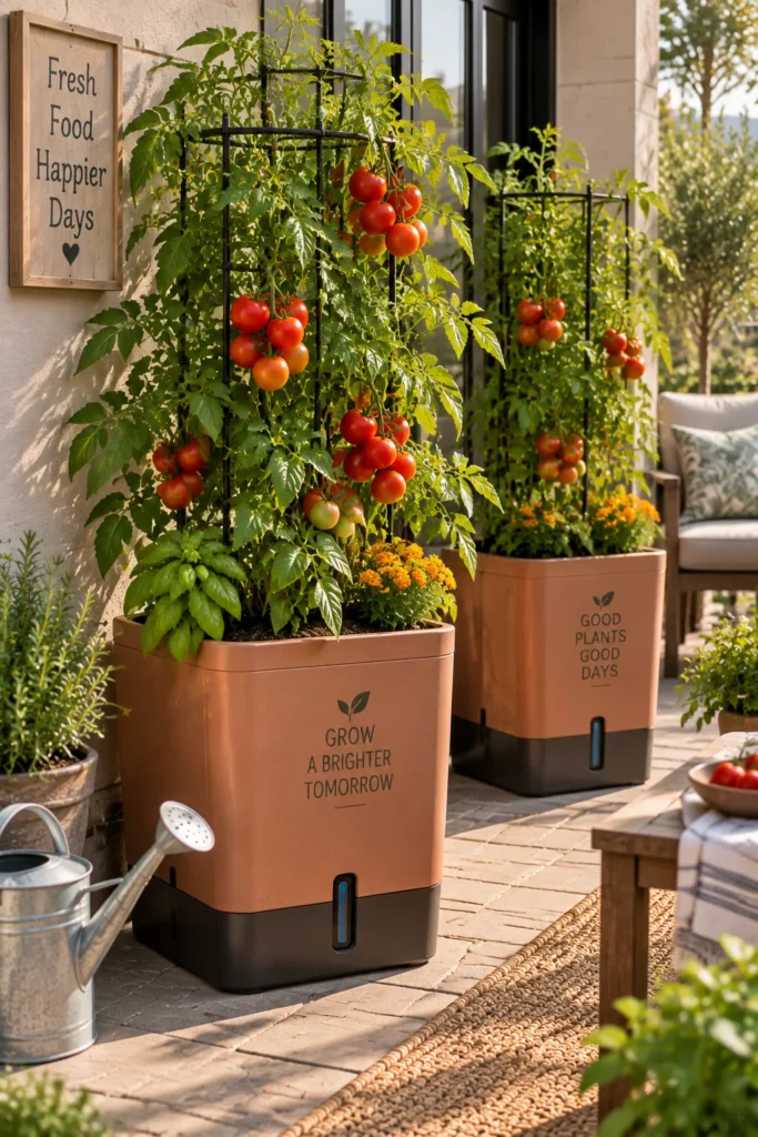 Self watering floor planter growing tomato plants on a patio