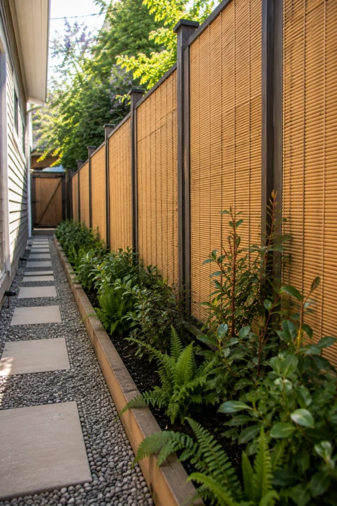Rolled bamboo screening panels along a side yard fence