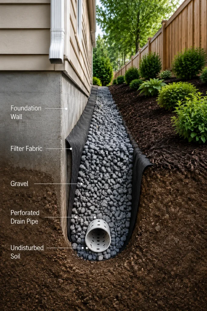 Perforated pipe French drain along a house foundation