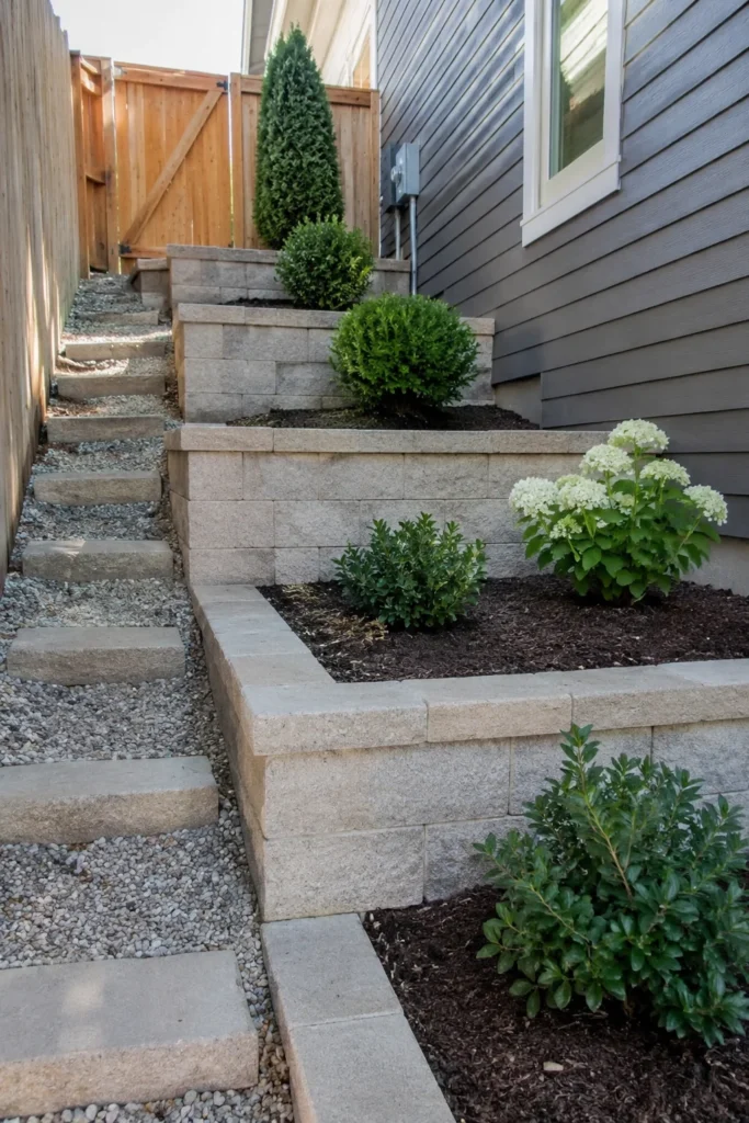 Low concrete block retaining wall in a sloped side yard