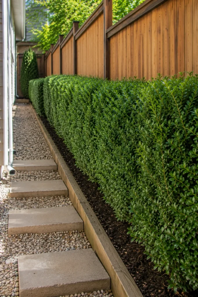 Dense boxwood hedge lining a sloped side yard fence