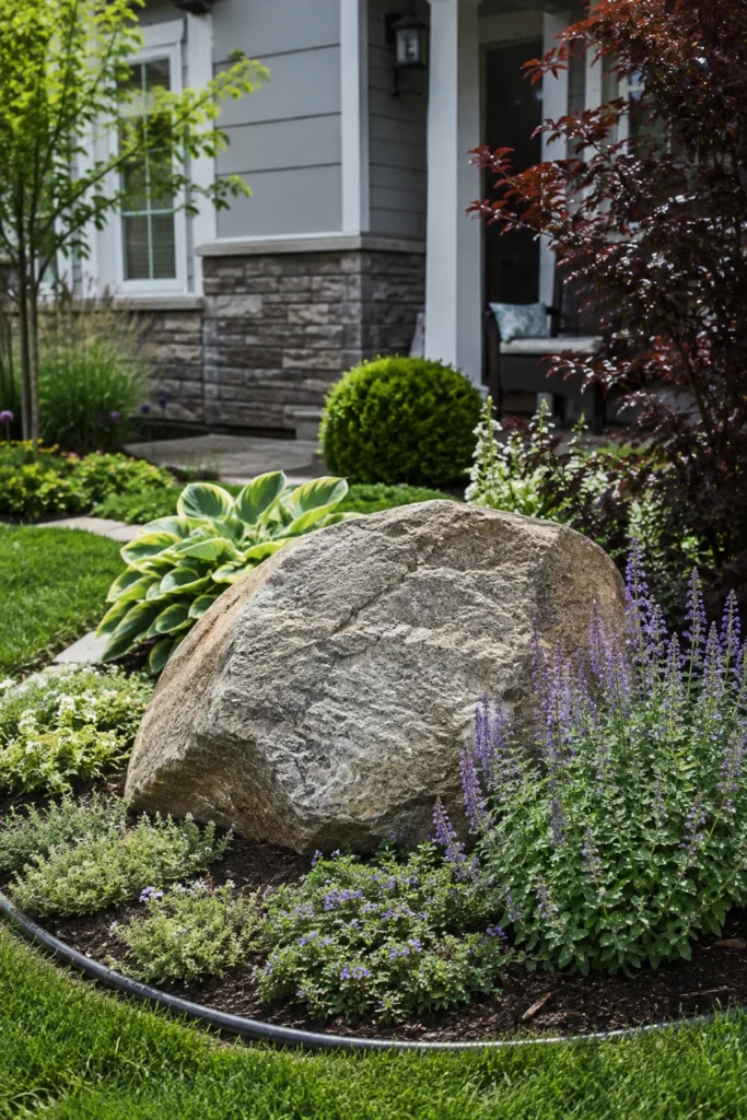 Fieldstone boulder accent in a front yard flower bed