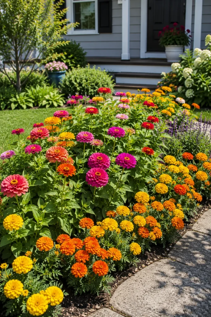 Zinnias and marigolds blooming in a front flower bed