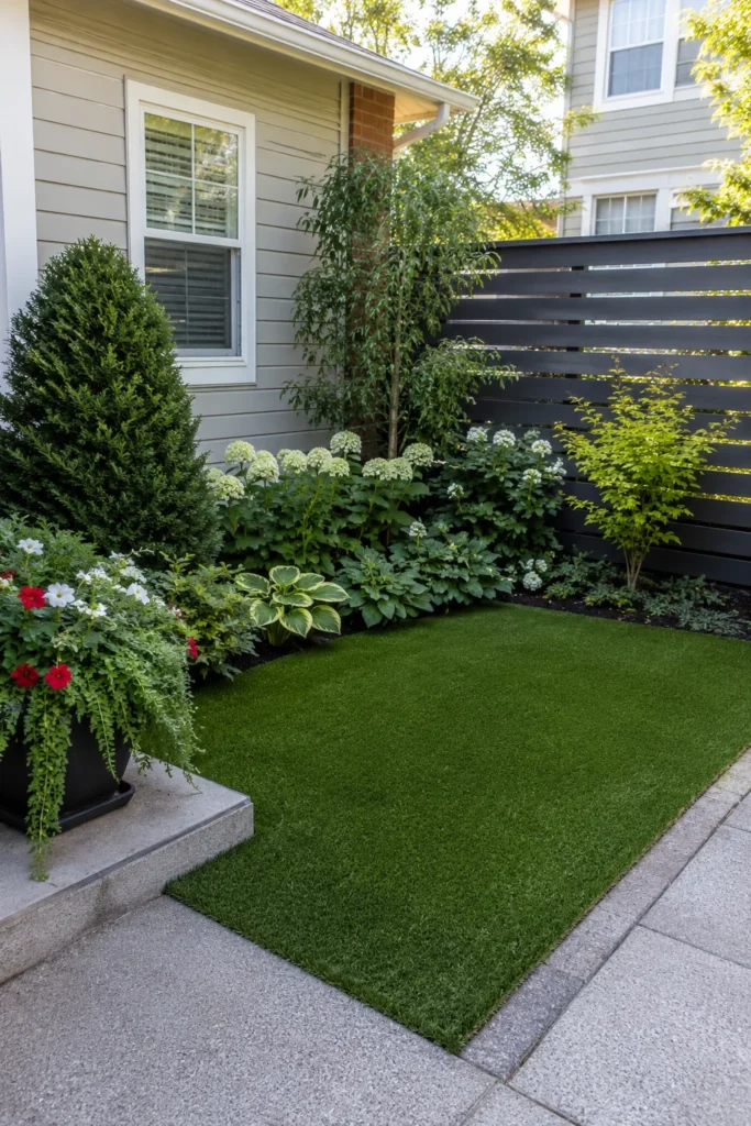 Artificial turf patch in a small front yard corner