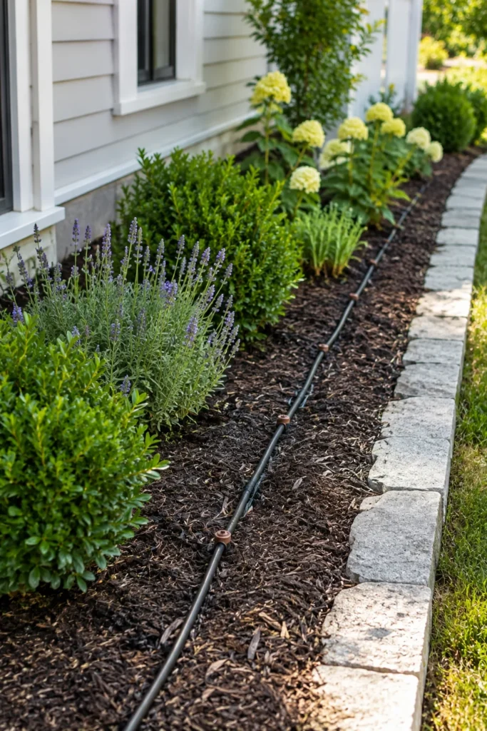 Drip irrigation line along a front foundation bed