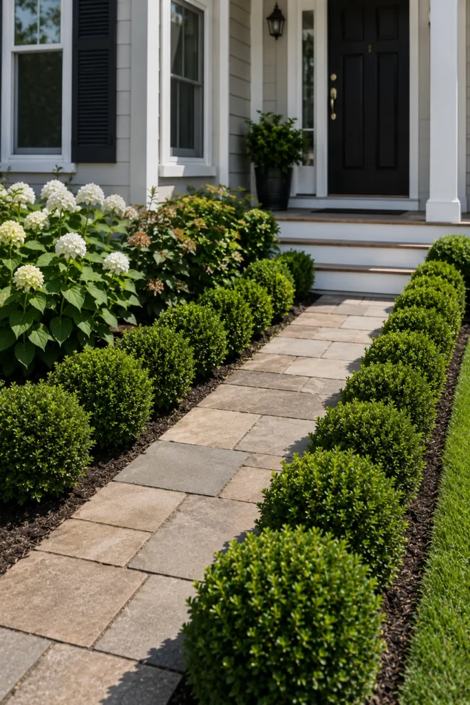 Dwarf boxwood border lining a front walkway