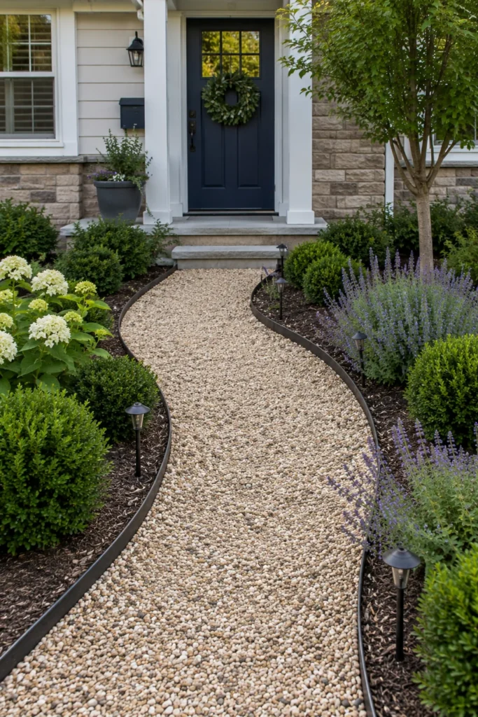 Gravel pathway with steel edging in a Small Front Yard Landscaping