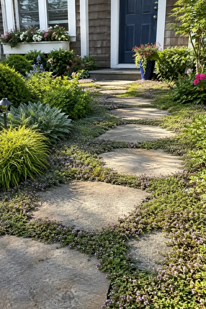 Creeping thyme ground cover between stepping stones