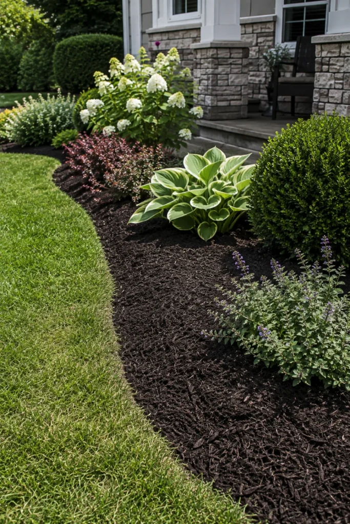 Fresh dark mulch bed along a front yard border
