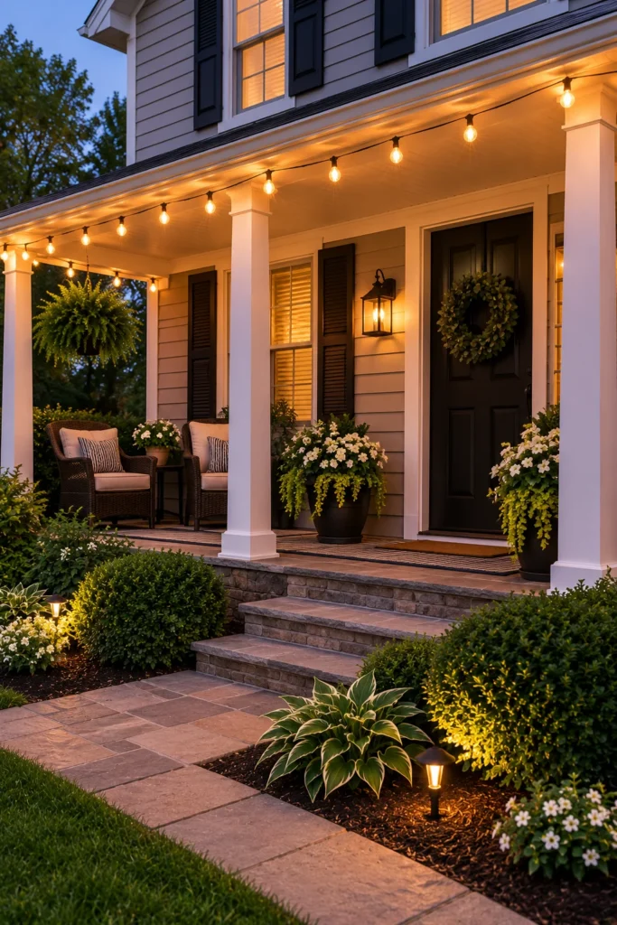 String lights hung along a front porch eave
