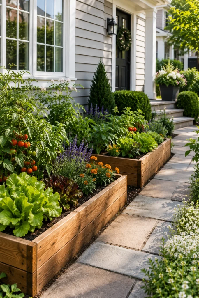 Cedar raised garden beds along a front walkway
