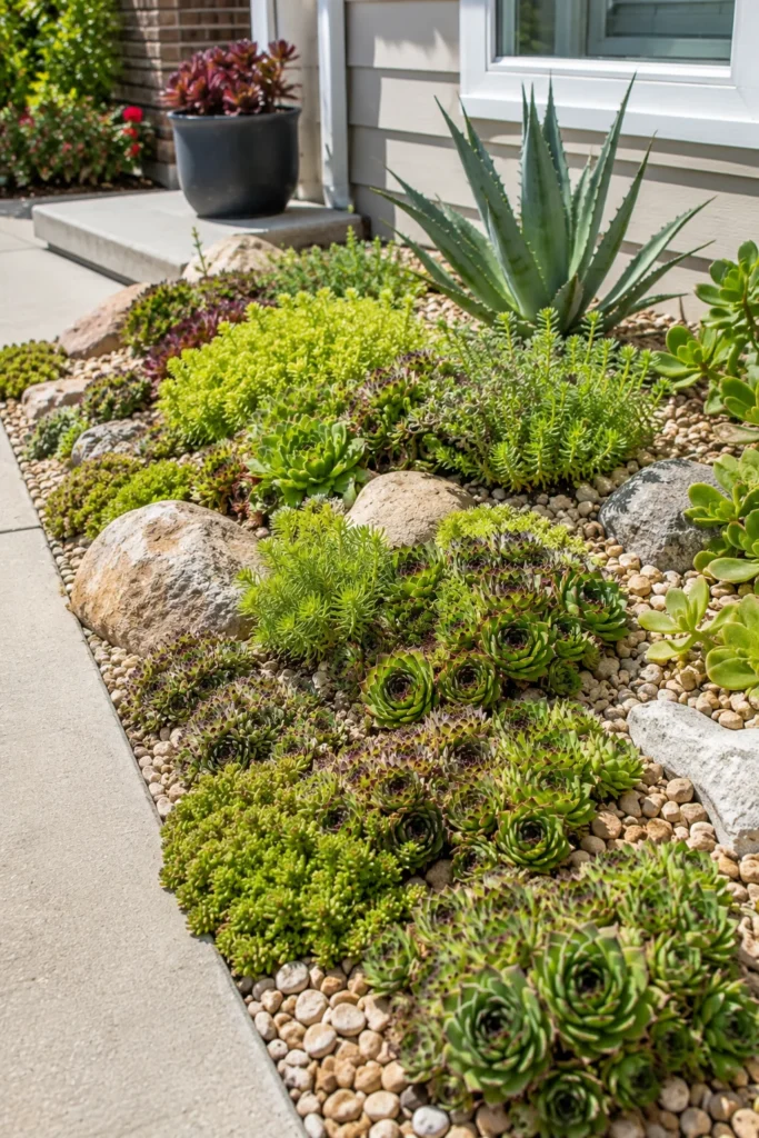 Succulent bed with hens and chicks in a sunny corner