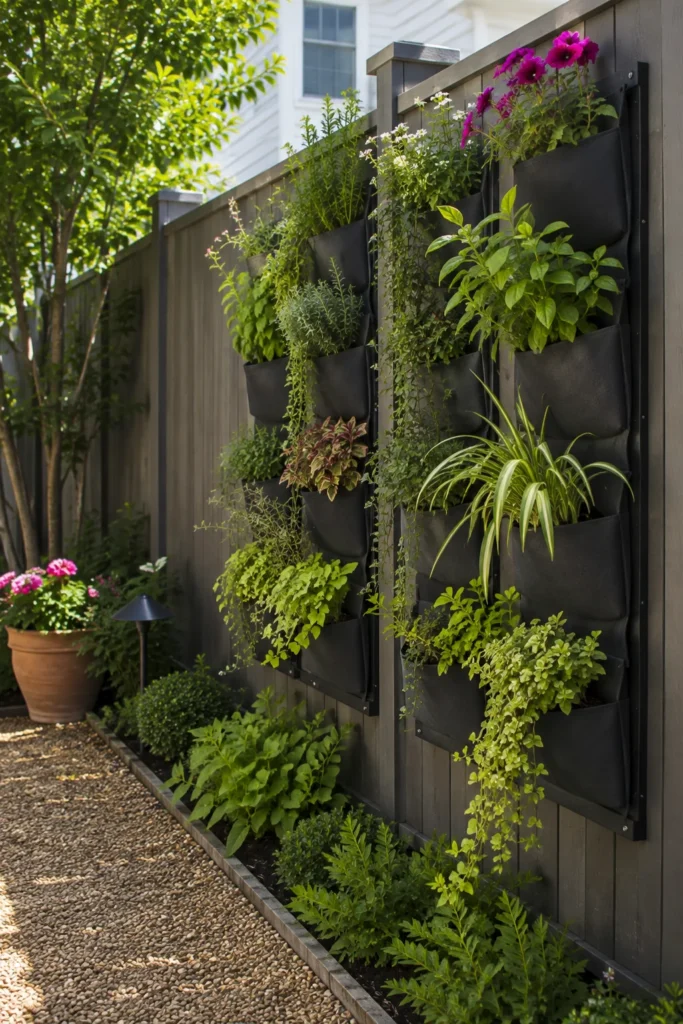 Wall-mounted vertical planter along a fence line