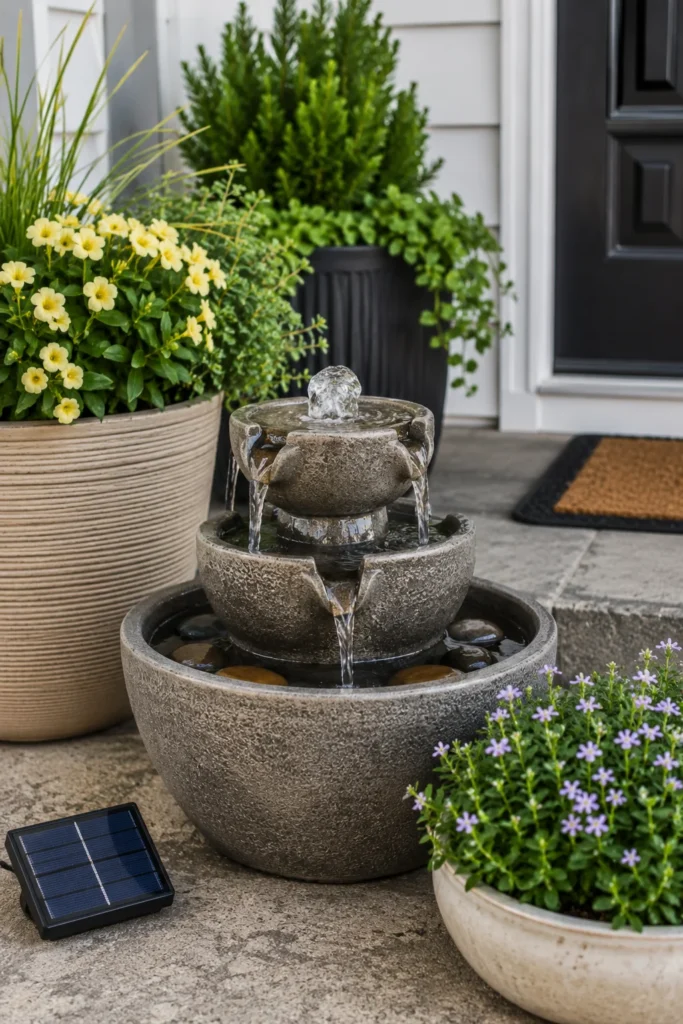 Solar tabletop fountain near a front door entry
