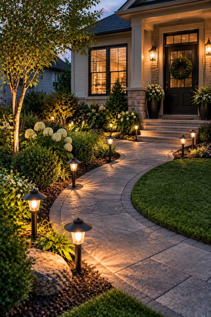 Solar path lights lining a walkway in a small front yard