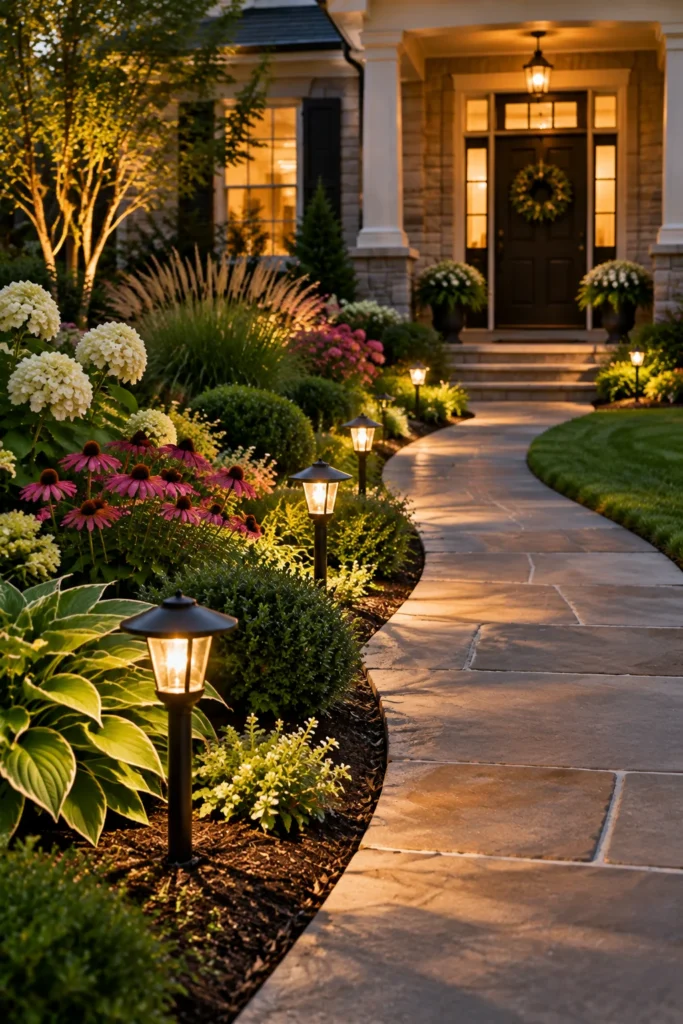 Solar path lights along a front yard walkway