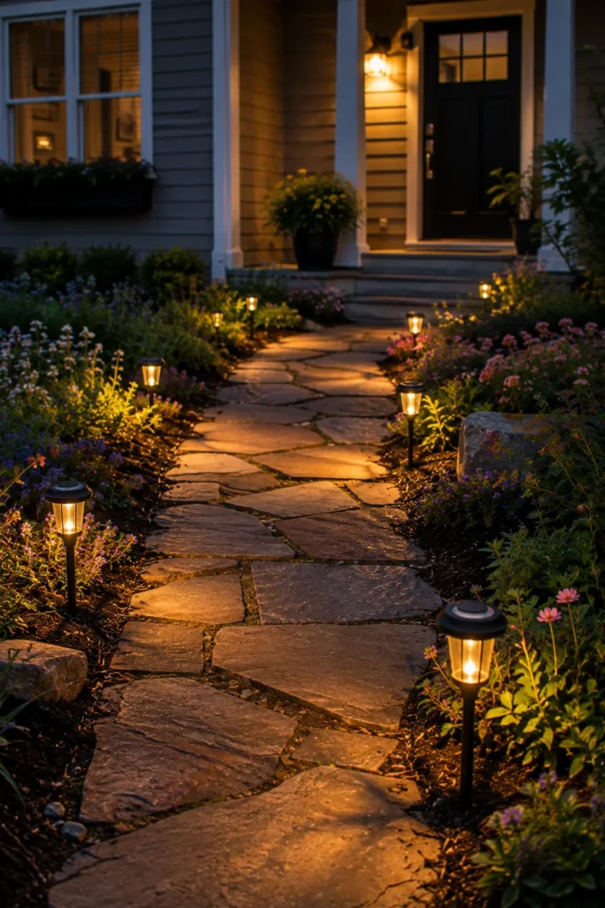 Solar path lights along a small front yard walkway