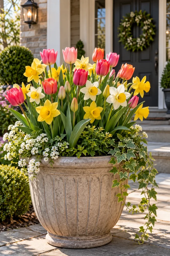 Spring planter filled with blooming tulips and daffodils