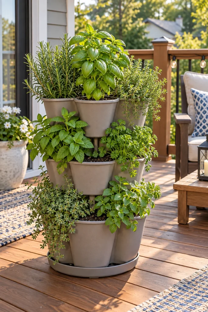 Tiered stacking planter tower on a small deck