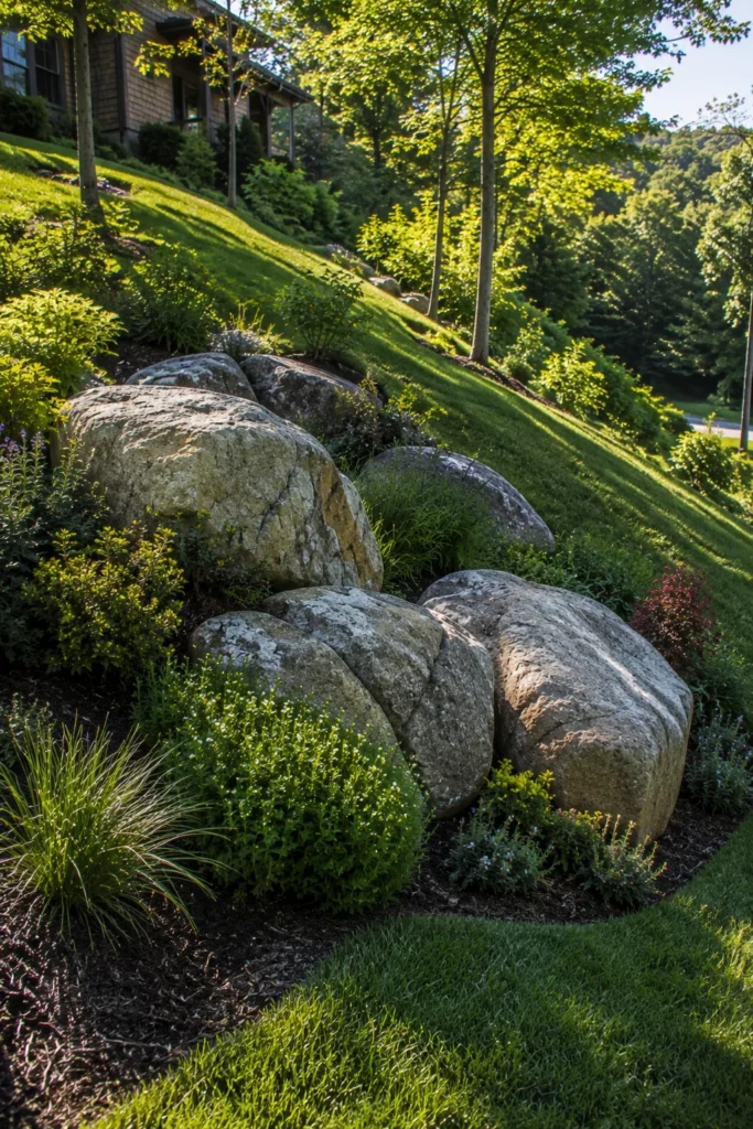 Large fieldstone boulders placed as accents on a hillside