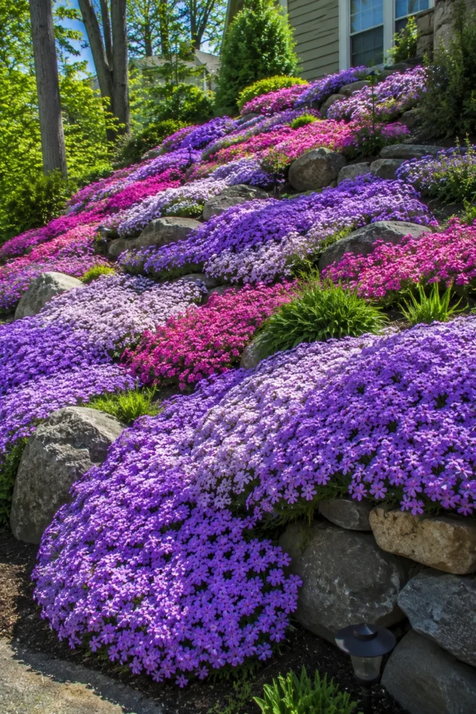 Purple creeping phlox blooming on a sloped garden bed