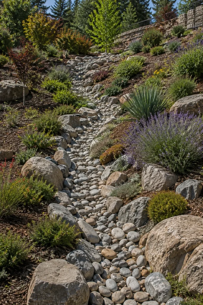 River rock dry creek bed channeling runoff on a slope