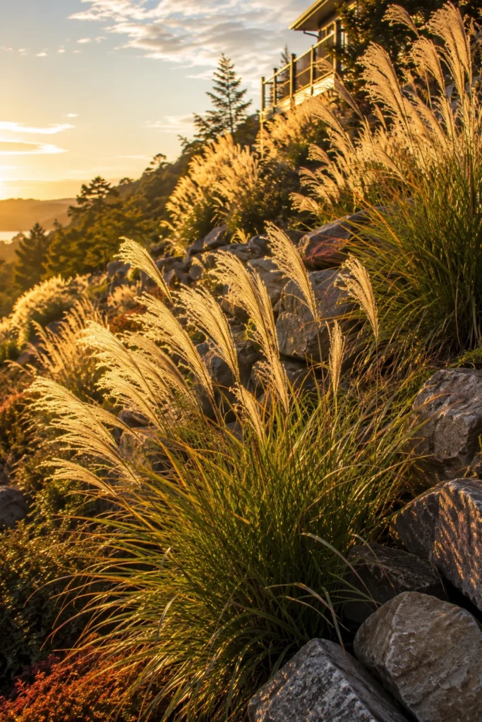 Feather reed grass swaying on a steep hillside