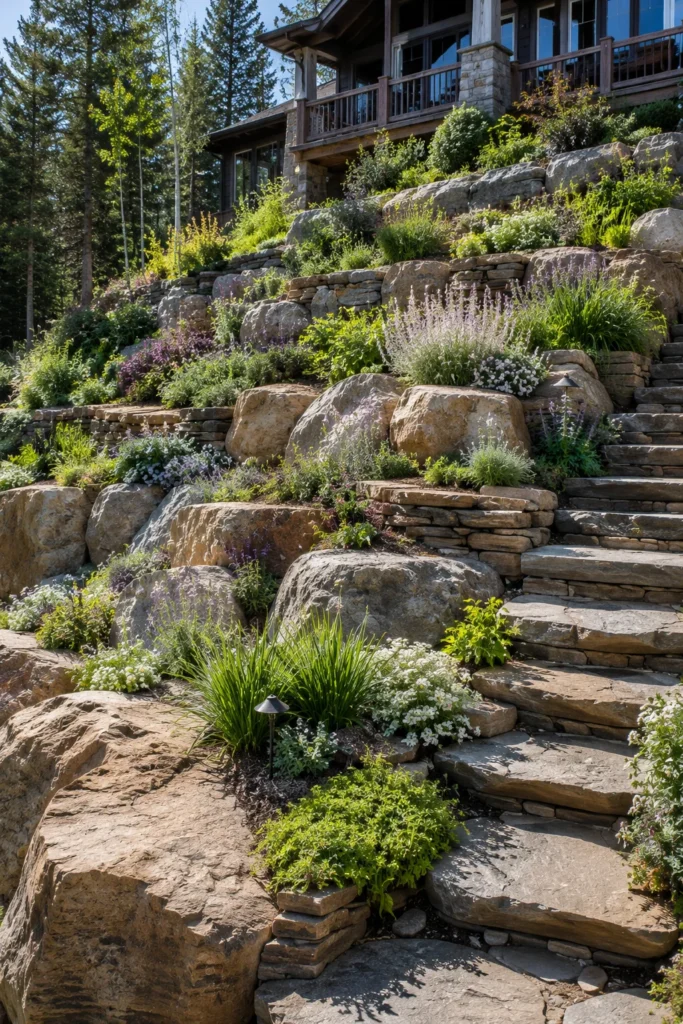 Boulder and stacked stone terraces on a steep slope
