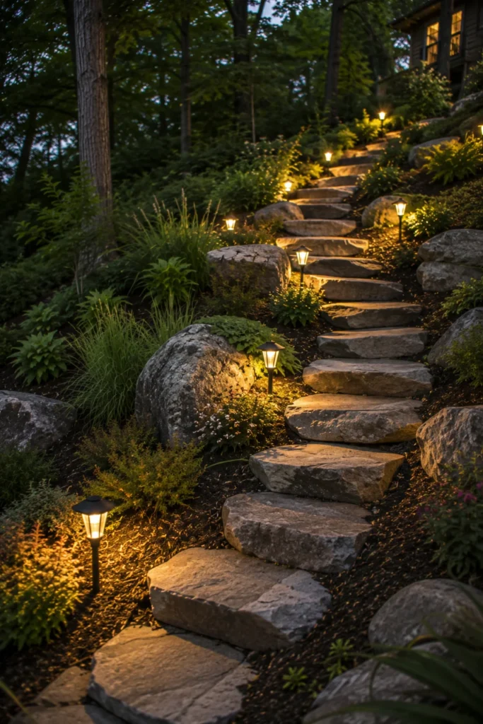 Solar stake lights lining steps on a hillside path