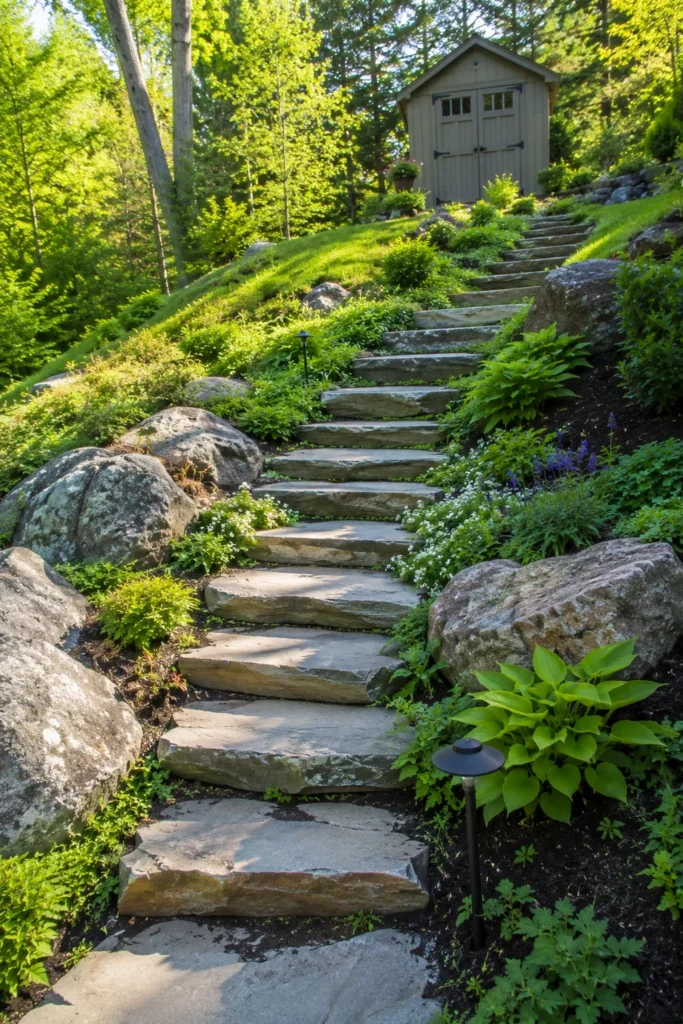 Flagstone steps built into a steep hillside path