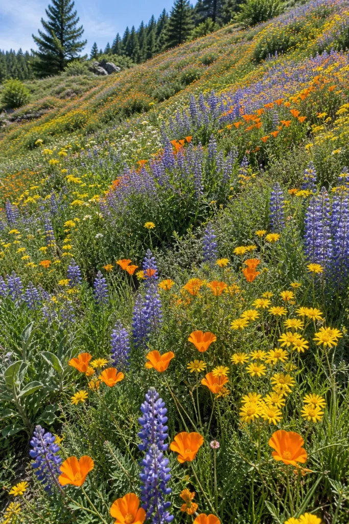 Native wildflower meadow covering a sunny hillside slope