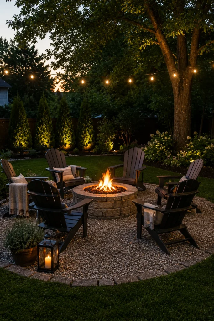 Stone fire pit surrounded by seating on a gravel base