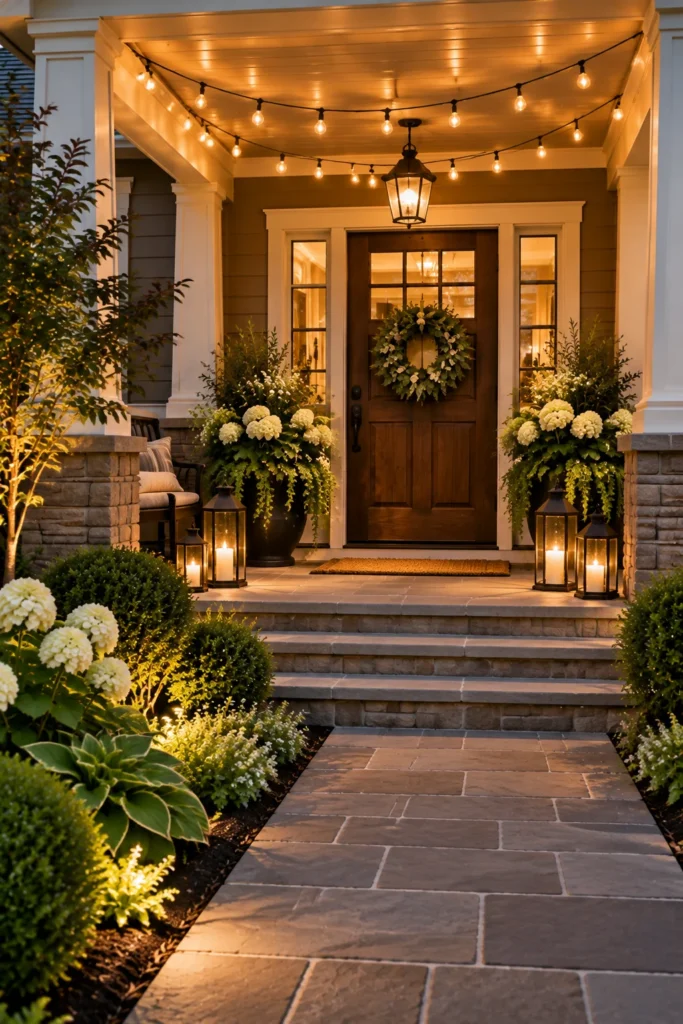 String lights draped over a front porch entry