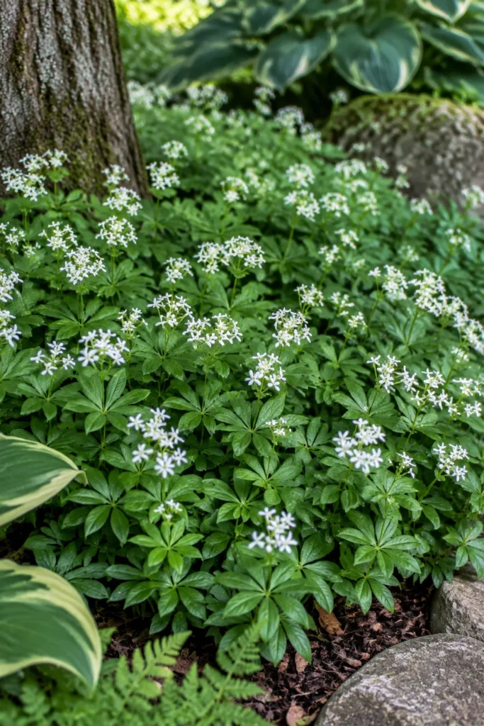 Sweet woodruff groundcover with small white flowers in a shade garden