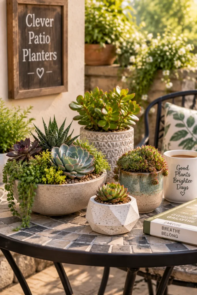 Small group of tabletop succulent planters on a bistro table