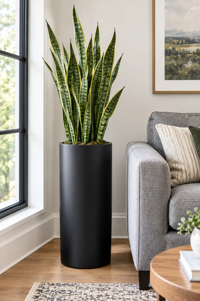 Tall matte black fiberglass cylinder planter with a snake plant beside a sofa