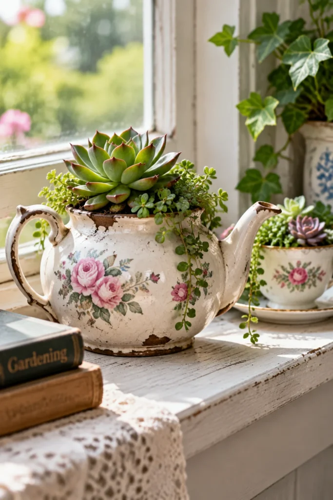 Chipped teapot repurposed as a small succulent planter