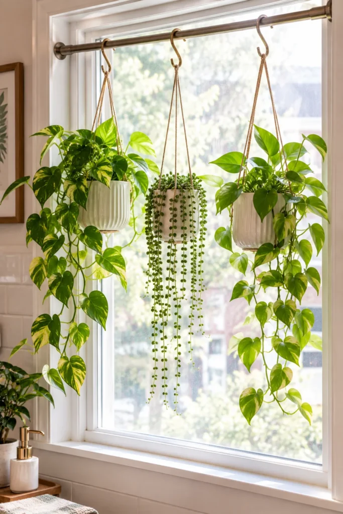 Tension rod across a window frame with small hanging pots of pothos and string of pearls