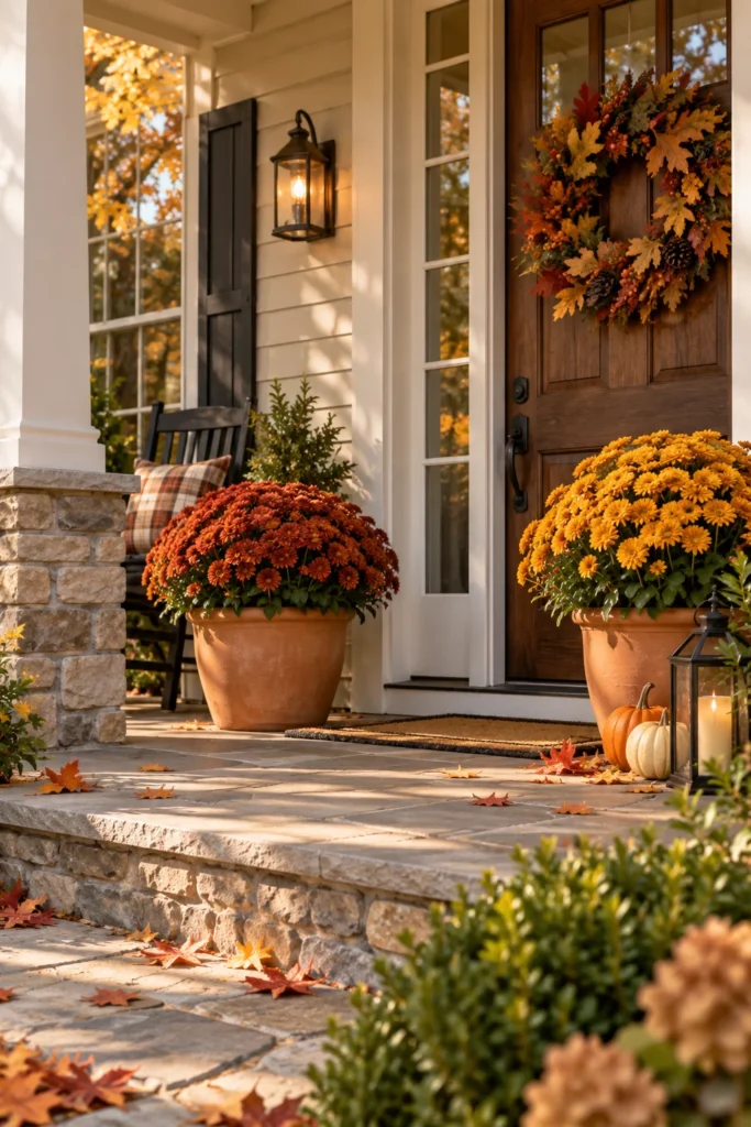Terracotta pots with rust and gold  Mums Front Porch Fall Displays