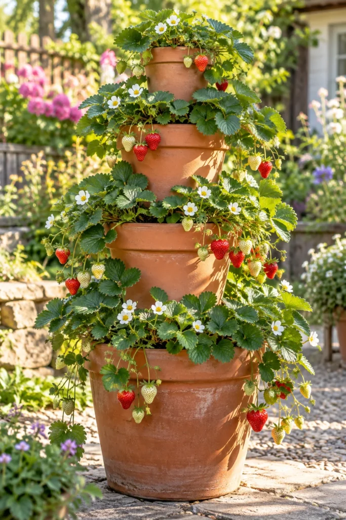 Tiered stack of terracotta pots planted with trailing strawberries