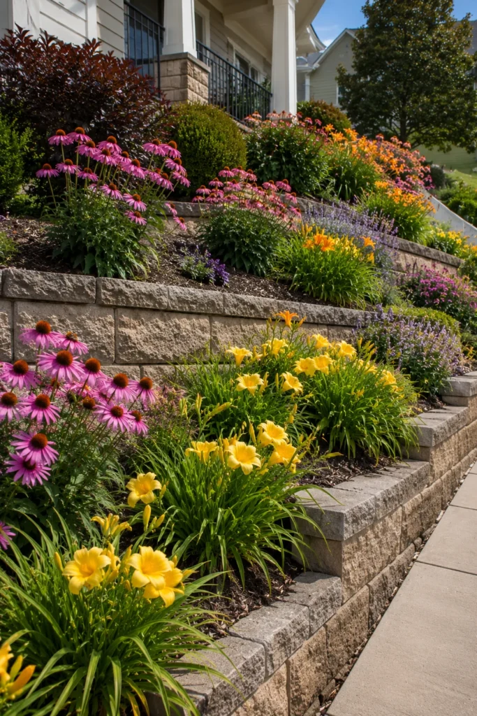 Tiered flower bed along a retaining wall on a sloped yard